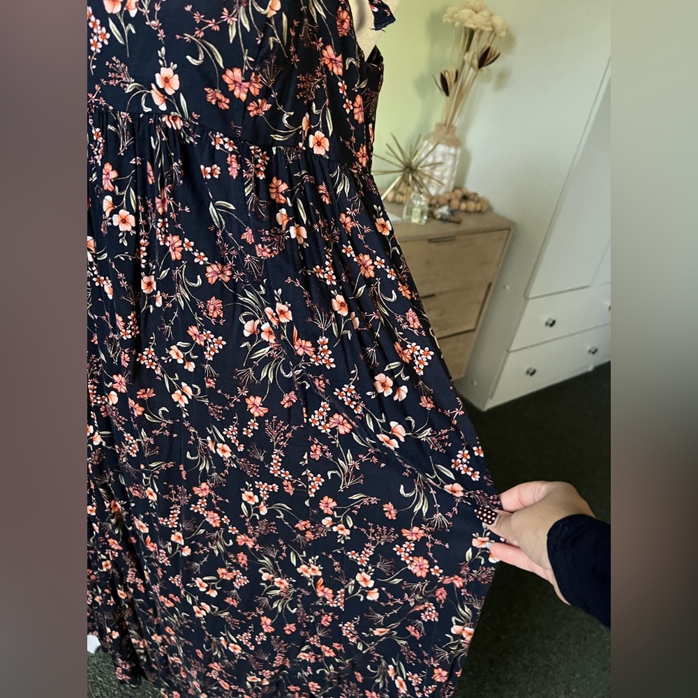 Navy Floral Print Midi Swing Tie Shoulder Square Neck Casual Flowy Summer Dress - Picture 6 of 16